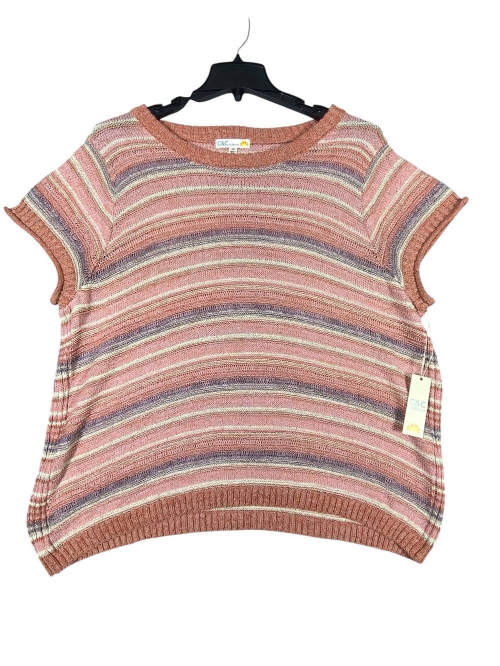 C&C California Striped Open Knit Top Women's 3X Pink Short Sleeve Crew Neck NWT